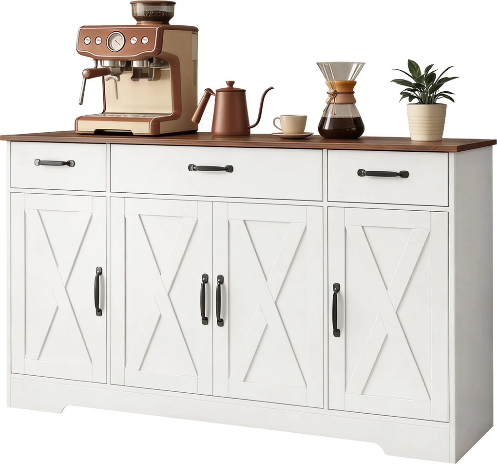 HOMCOM Bufet, mobilier de depozitare pentru bucătărie în stil rustic cu 4 uși tip hambar, 3 sertare, etajere reglabile, alb | Aosom Romania