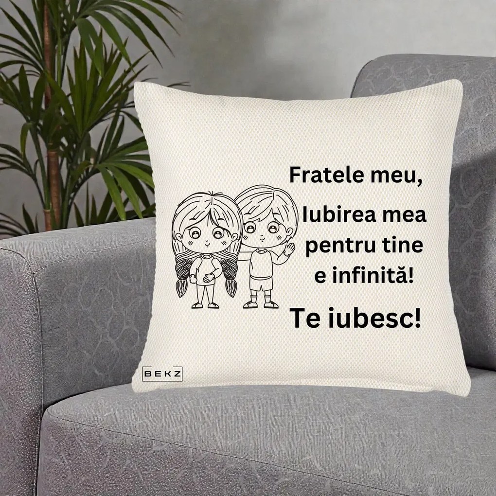 Cadou pentru Frate - Perna Personalizata Fratele Meu Te Iubesc Copii Anime Line Art Negru, 40x40 cm, Crem Reliefat, Husa Detasabila, Perna Inclusa, BEKZ®