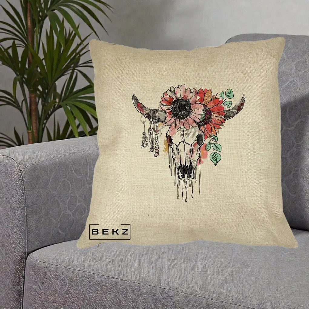 Perna Decorativa Craniu Boho Floral, 40x40 cm, Crem, Husa Detasabila, Perna Inclusa, BEKZ®