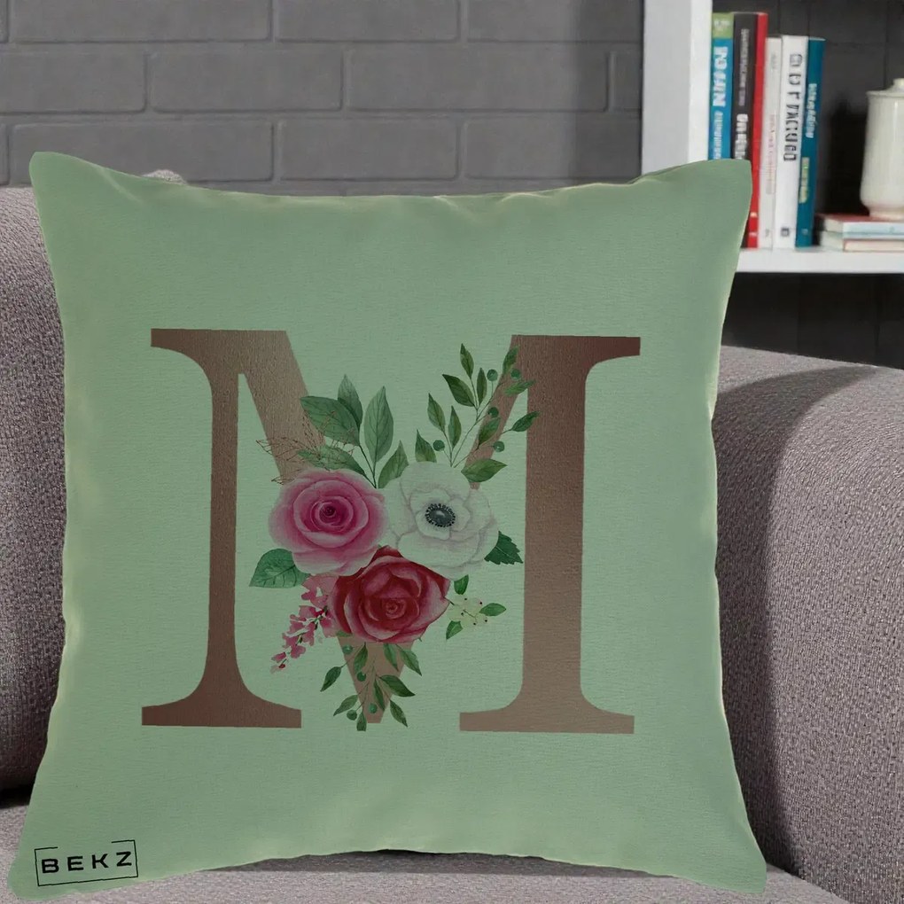 Cadou Personalizat - Perna Personalizata Monograma Rose Gold Litera M cu Trandafiri, 40x40 cm, Verde, Husa Detasabila, Perna Inclusa, BEKZ®