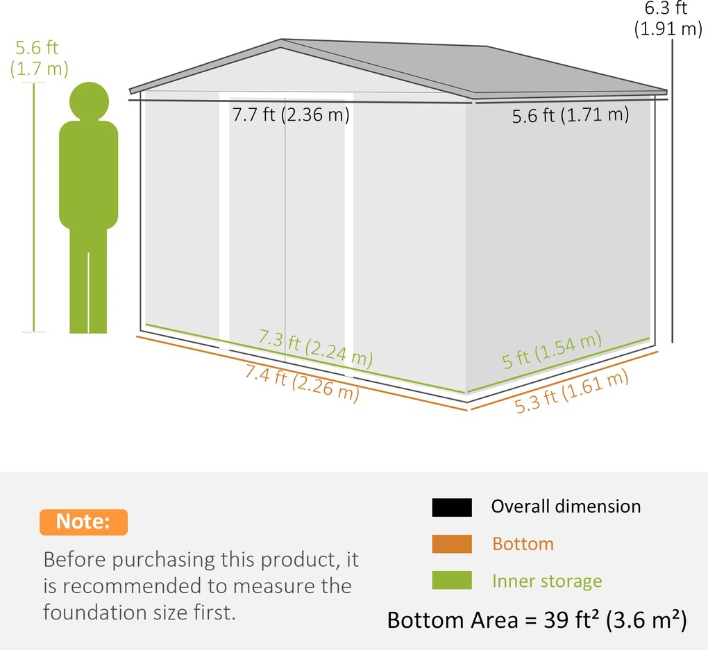 Outsunny Magazie de grădină exterioară 3,6 m² 236x171x191 cm cu uși culisante și fante de ventilație Verde | Aosom Romania