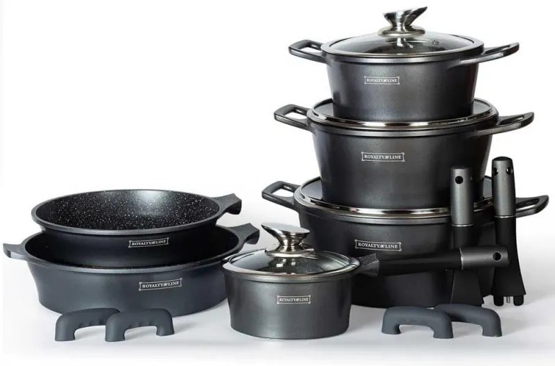 Set oale si tigai Royalty Line RL-ES1014M, Aluminiu turnat, 14 piese, Acoperire marmura, Argintiu