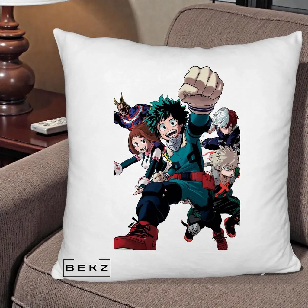 Perna Personalizata My Hero Academia Izuku Deku si Echipa, 40x40 cm, Alb Pufos, Husa Detasabila, Perna Inclusa, BEKZ®