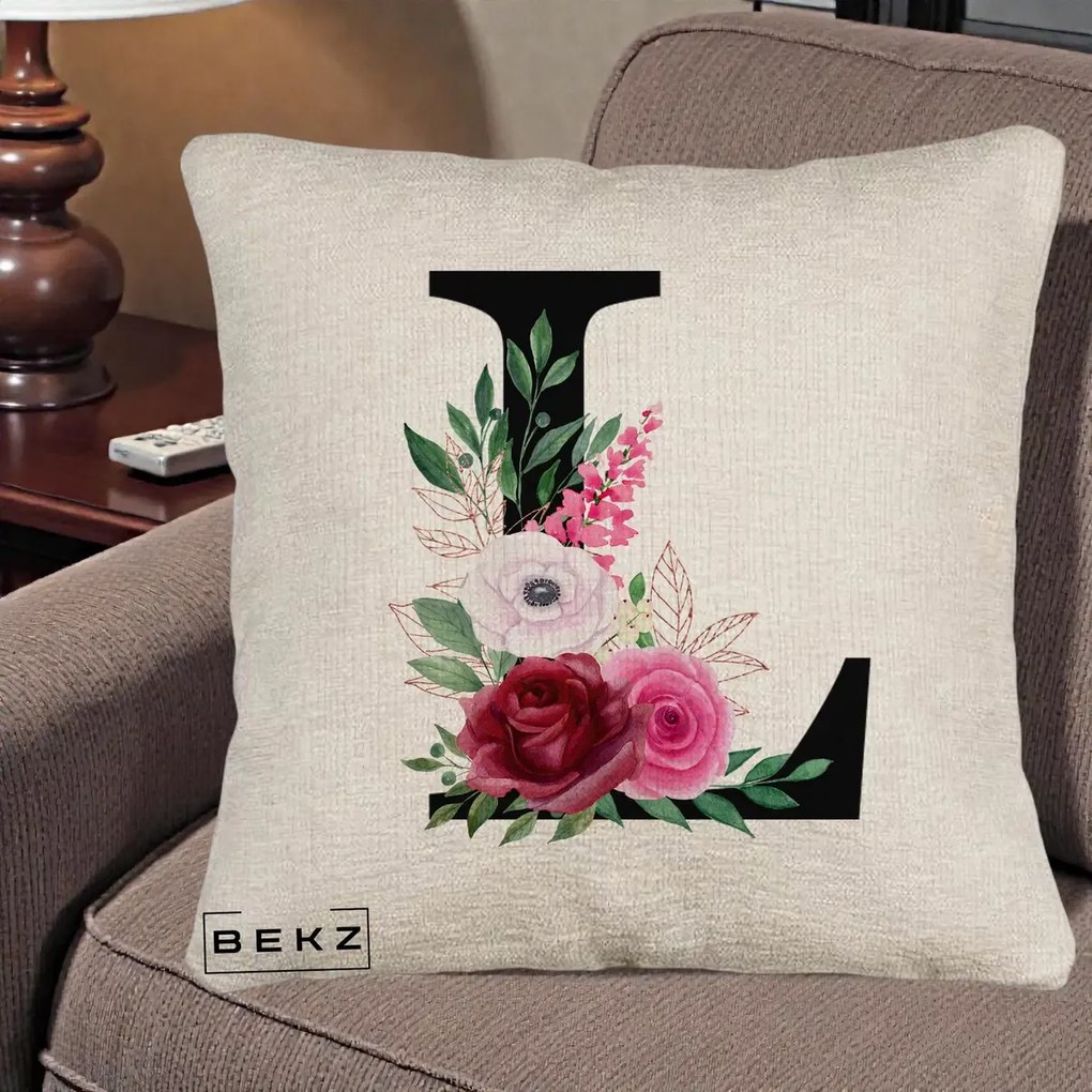 Cadou Personalizat - Perna Personalizata Monograma Florala Litera L, 40x40 cm, Bej Canapea, Husa Detasabila, Perna Inclusa, BEKZ®