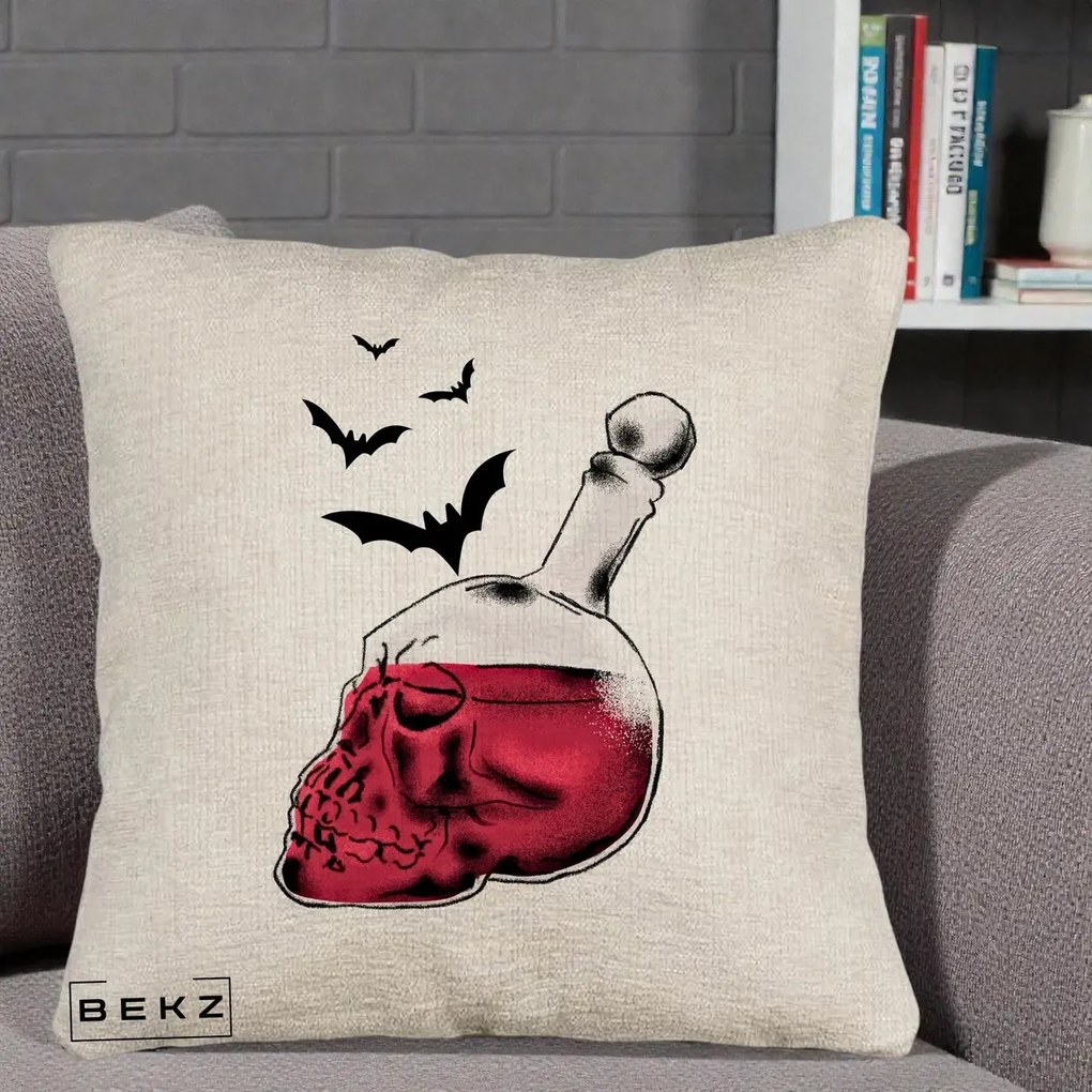 Perna Decorativa Halloween Craniu-Sticla cu Lilieci, 40x40 cm, Bej Canapea, Husa Detasabila, Perna Inclusa, BEKZ®