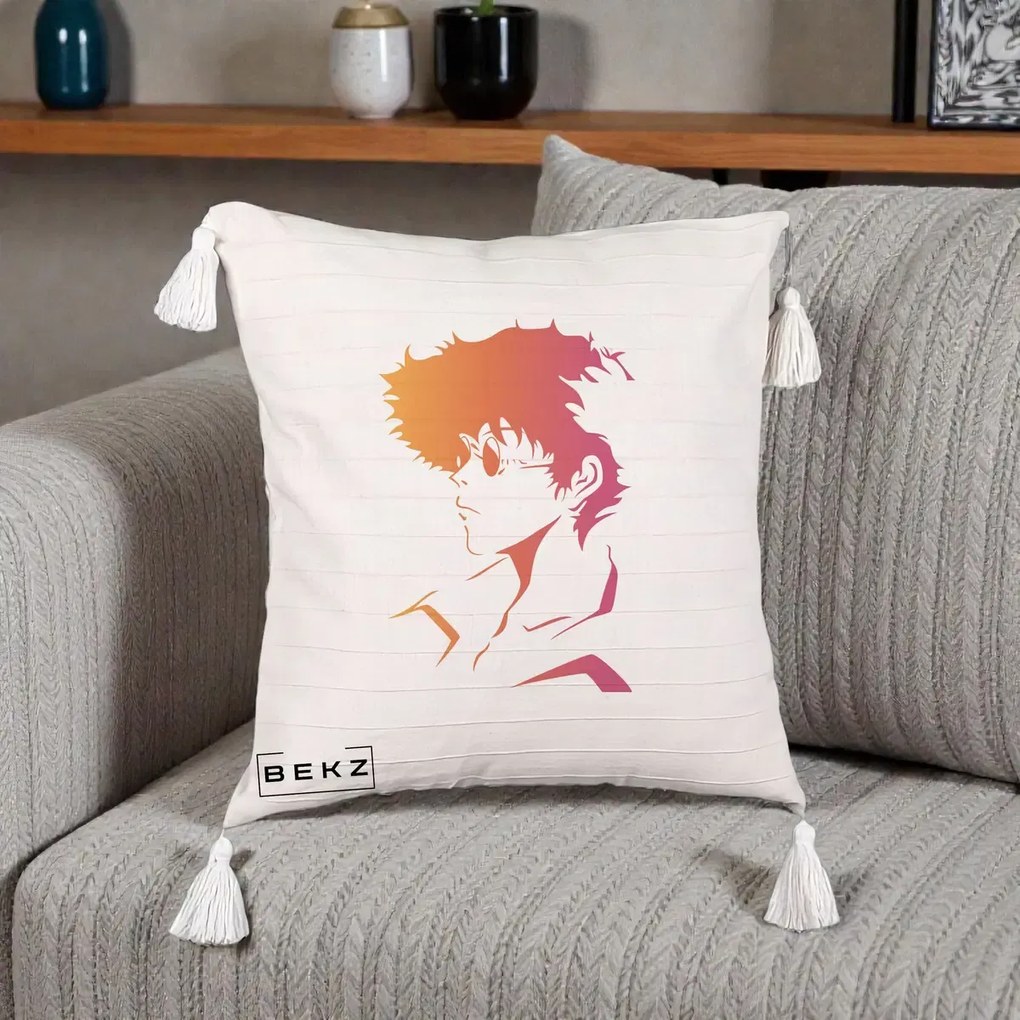 Perna Decorativa Cowboy Bebop Spike Silueta Gradient, 40x40 cm, Bej cu Franjuri, Husa Detasabila, Perna Inclusa, BEKZ®