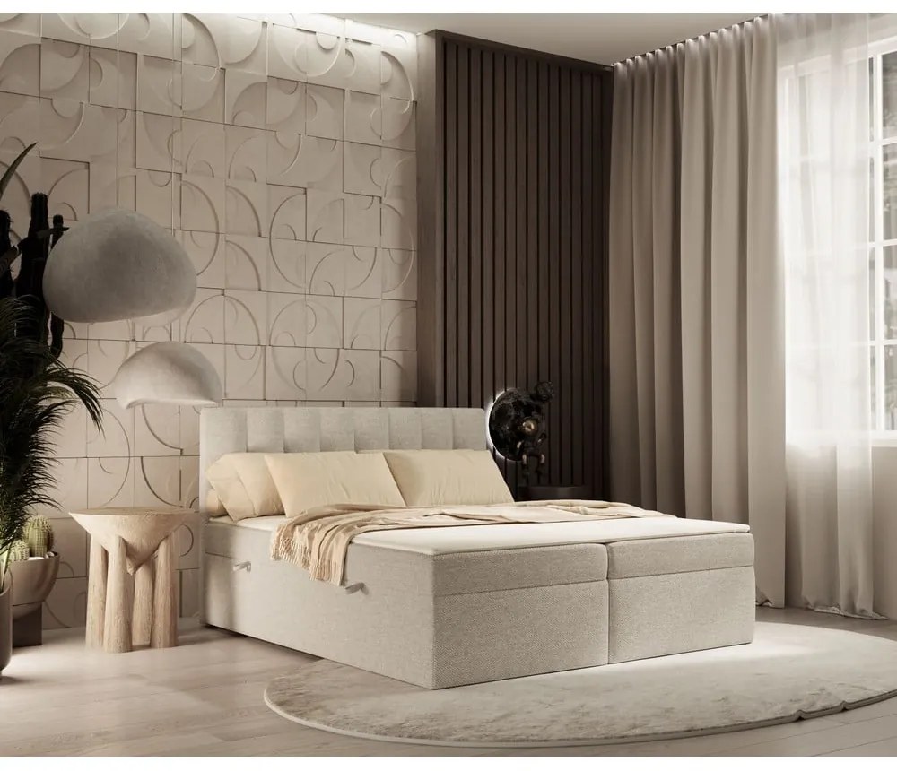 Pat boxspring bej cu spațiu de depozitare 140x200 cm Novento – Maison de Rêve