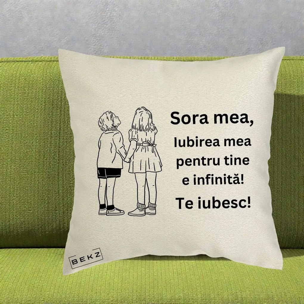 Cadou pentru Sora - Perna Personalizata Sora Mea Te Iubesc Copii Tinand Maini Line Art, 40x40 cm, Ecru, Husa Detasabila, Perna Inclusa, BEKZ®