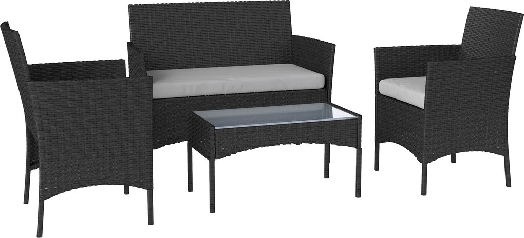 Outsunny Set mobilier de grădină exterior 4 persoane din rășină împletită cu canapele și măsuță din sticlă securizată perne incluse gri | Aosom Romania