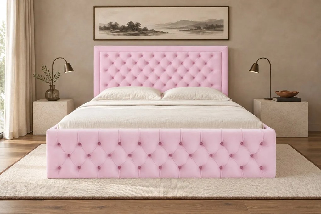Pat tapițat Chesterfield din catifea Ophelia Deluxe 180×200 cm, roz, cu ladă de depozitare