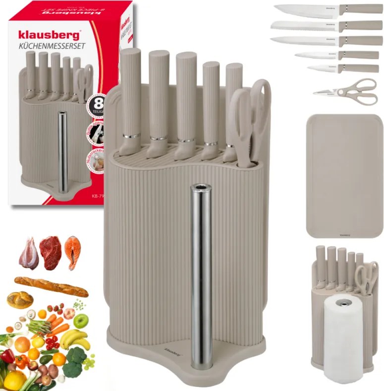 Set cuțite Klausberg KB 7978, 8 piese, Oțel inoxidabil, Suport, Suport hârtie de bucătărie, Bej