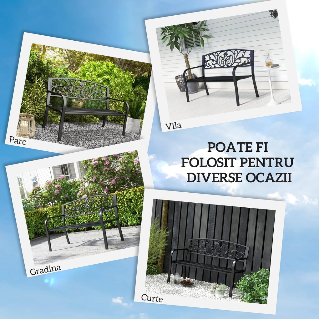 Outsunny Banca de gradina din metal cu spatar decorat, 127x60x87cm – negru | Aosom Romania