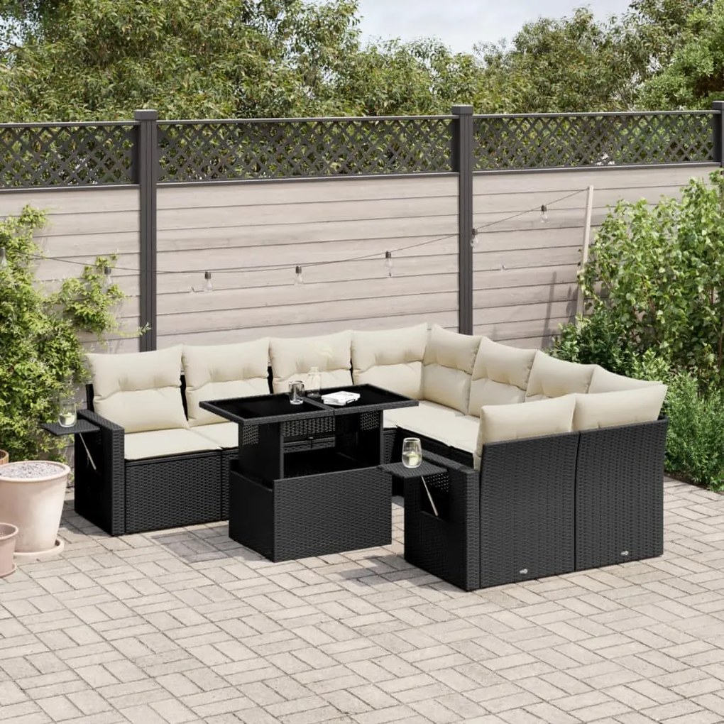 3267796 vidaXL Set mobilier de grădină cu perne, 9 piese, negru, poliratan