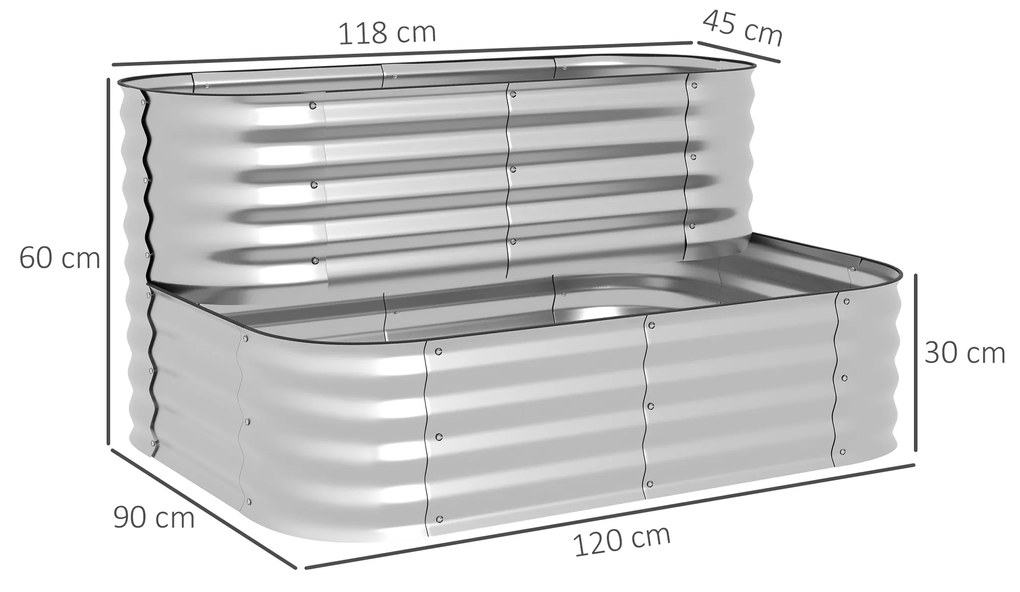 Outsunny Jardinieră de Grădină Înălțat cu 2 Niveluri, Jardinieră Galvanizată cu Margine de Siguranță, 120x90x30 cm, Argintiu | Aosom Romania