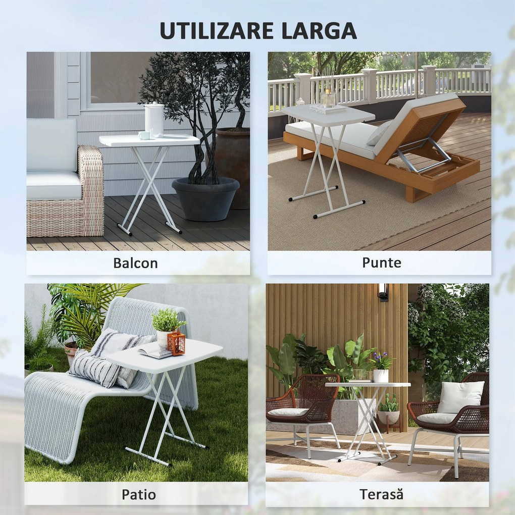 Outsunny Măsuță de Cafea Pliabilă, Reglabilă pe Înălțime și Portabilă, cu Blat HDPE și Cadru Metalic, 76x50x74 cm, Alb | Aosom Romania