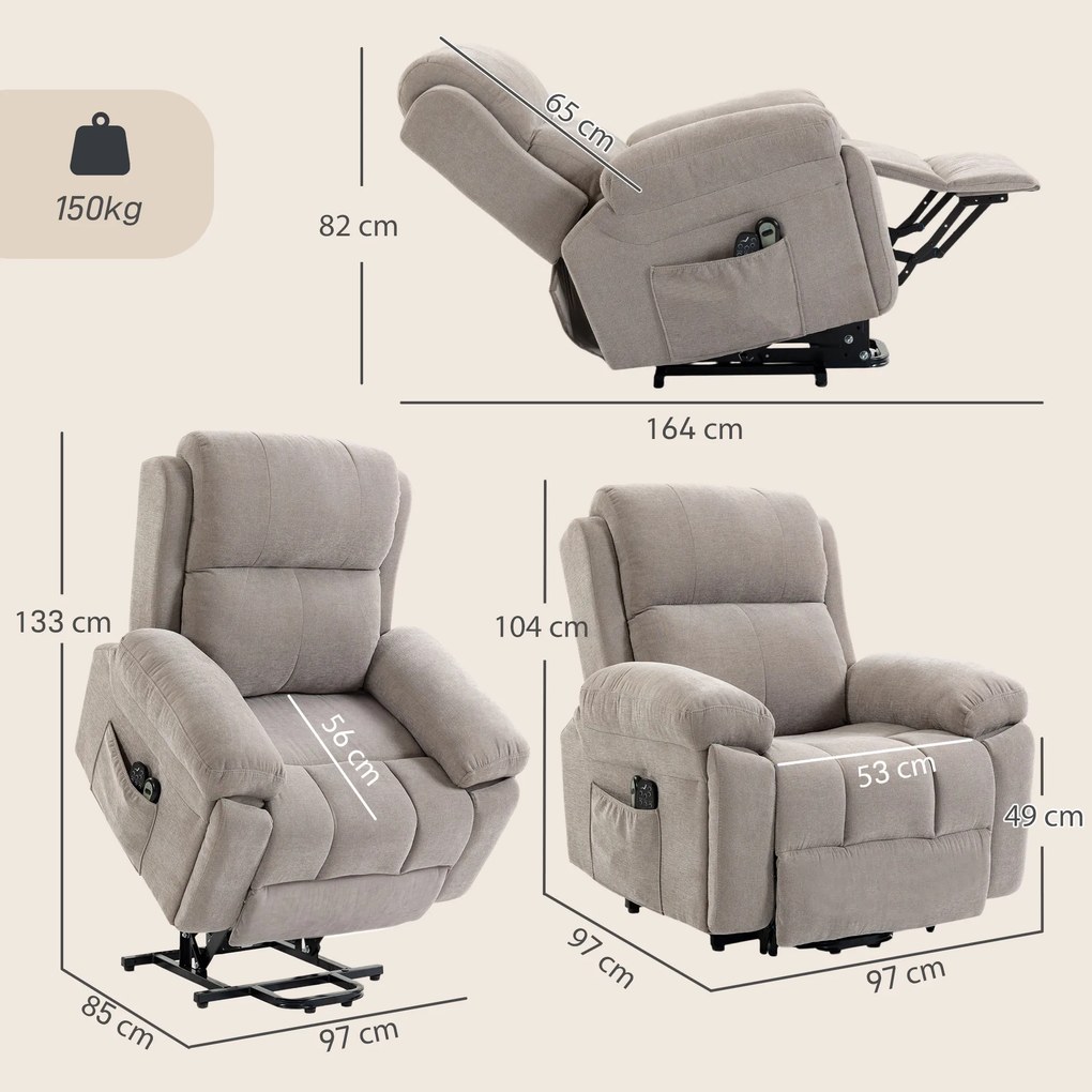 HOMCOM Fotoliu recliner electric cu ridicare, încălzire și masaj în 8 puncte, din chenille, 2 telecomenzi, bej | Aosom Romania