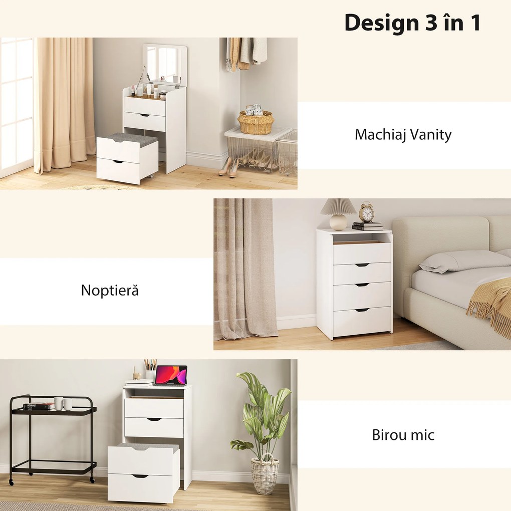 HOMCOM Stație de Machiaj 3 în 1 cu Oglindă Rabatabilă, Scaun Ascuns, Toaletă de Machiaj cu Scaun Tapițat pe Roți, 3 Sertare, Blat din Sticlă Transparentă, Compartiment, Compact, Alb | Aosom Romania