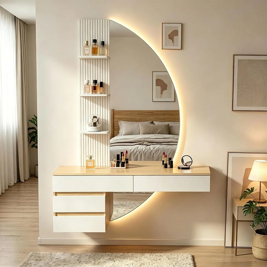 Masuta machiaj cu Oglinda LED si 4 Sertare pentru Cosmetice, Set Masa toaleta 106 cm, Alb - Maro, masuta cosmetica, vanity cu Riflaj si Rafturi -