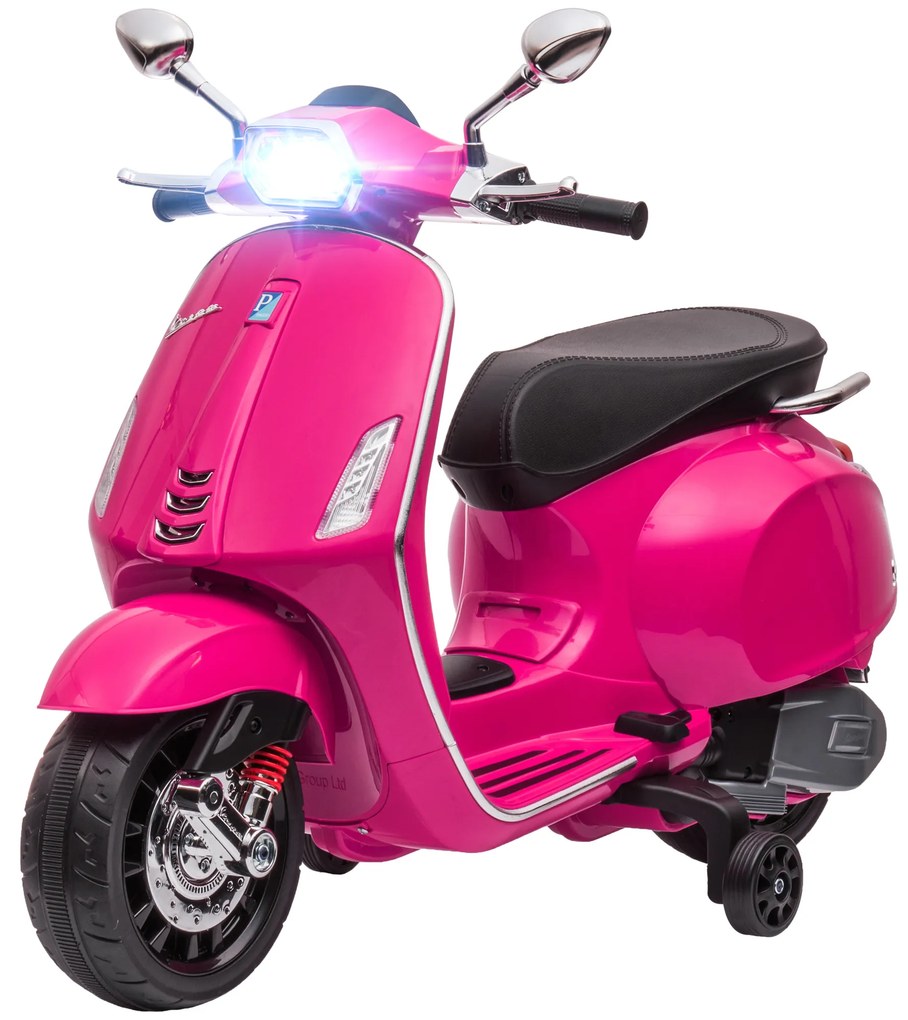 AIYAPLAY Motocicletă electrică pentru copii Vespa 6V, Muzică MP3 Port USB Faruri 2 roți de antrenare, dim. 107L x 47l x 73H cm Roz | Aosom Romania