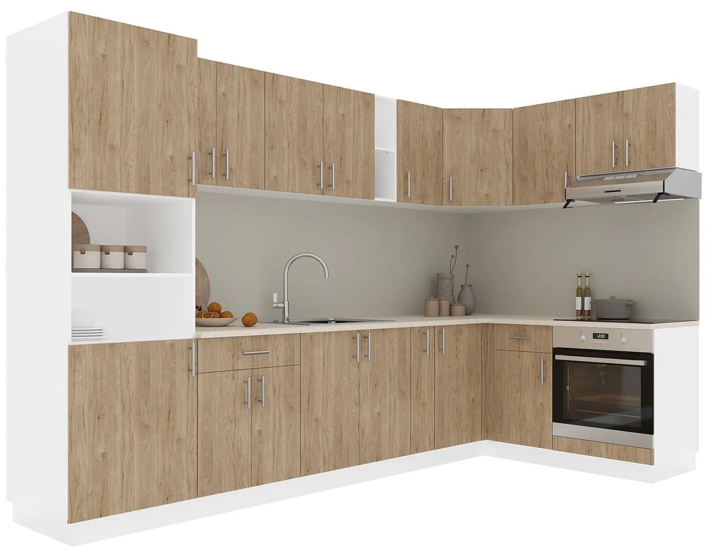 Set Bucatarie Colt Karo V35, Lemn Natural/Alb, Blat Thermo 28 mm, L 320 x 160 cm