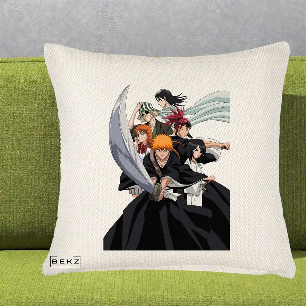 Perna Personalizata Bleach Grup Complet Ichigo si Prietenii, 40x40 cm, Crem Reliefat, Husa Detasabila, Perna Inclusa, BEKZ®