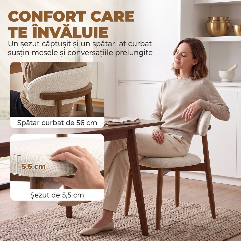 HOMCOM Set 2 scaune de dining moderne, cu spătar curbat, alb crem | Aosom Romania