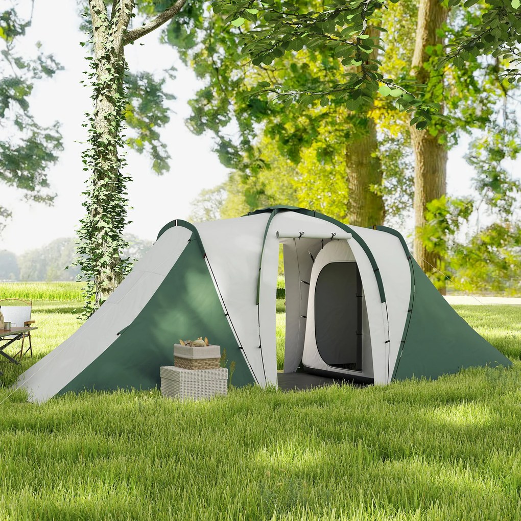 Outsunny Cort de Camping pentru 4-6 Persoane cu 2 Camere, 2 Uși și Geantă de Transport, 555x225x190 cm, Verde | Aosom Romania