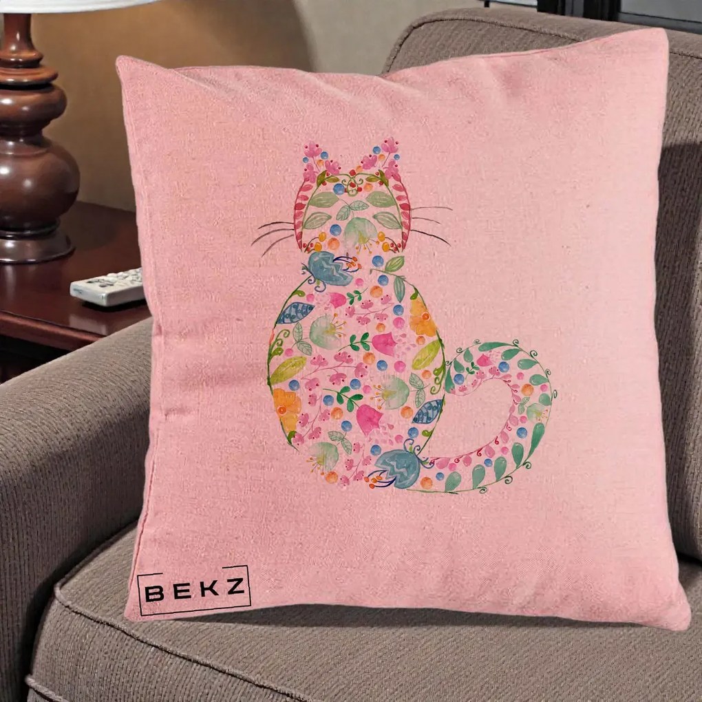 Perna Decorativa Pisica Florala Acuarela, 40x40 cm, Roz, Husa Detasabila, Perna Inclusa, BEKZ®
