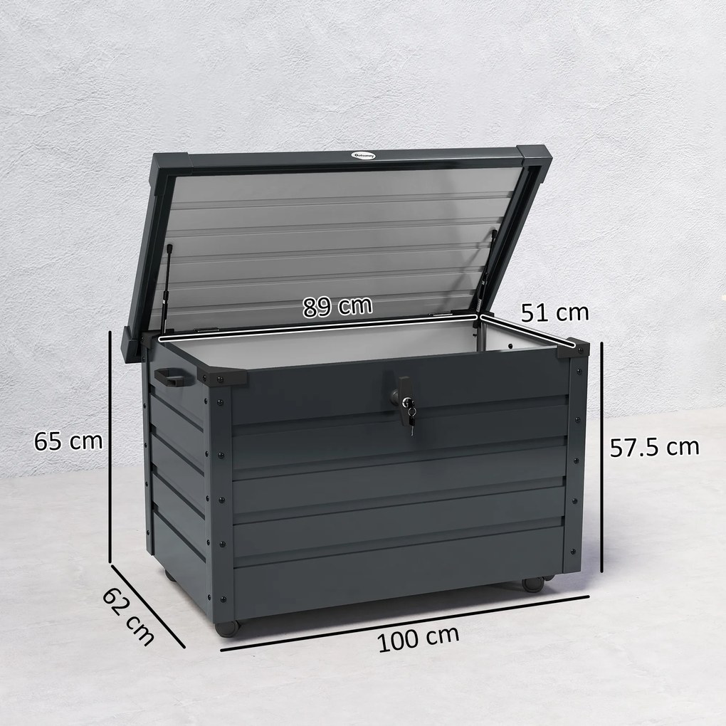 Outsunny Ladă de Grădină de 295L cu Încuietoare, 2 Mânere și 4 Rotile, Mobilier Depozitare din Oțel, 100x62x65 cm, Gri | Aosom Romania