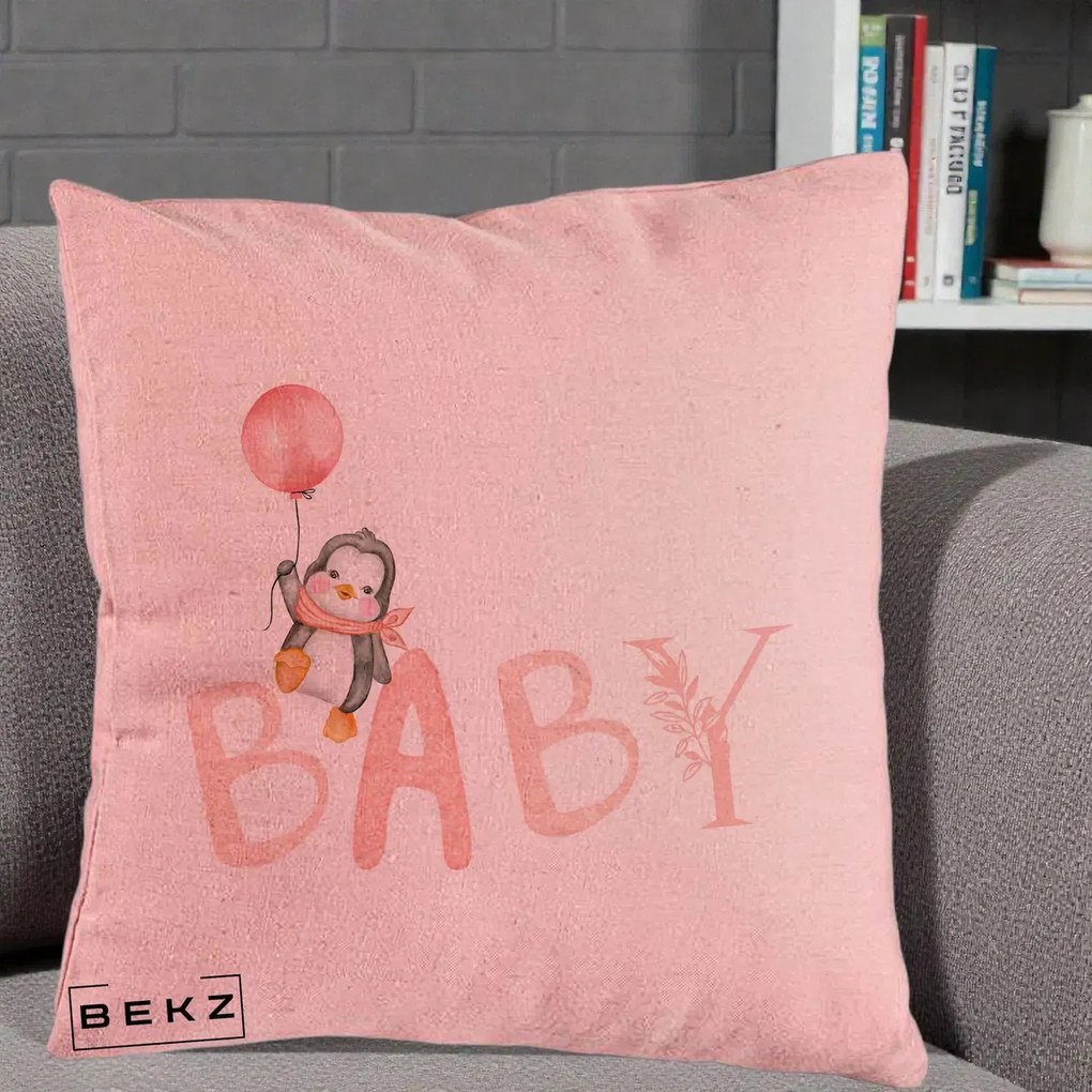 Perna Personalizata Baby Pinguin Roz, 40x40 cm, Roz, Husa Detasabila, Perna Inclusa, BEKZ®