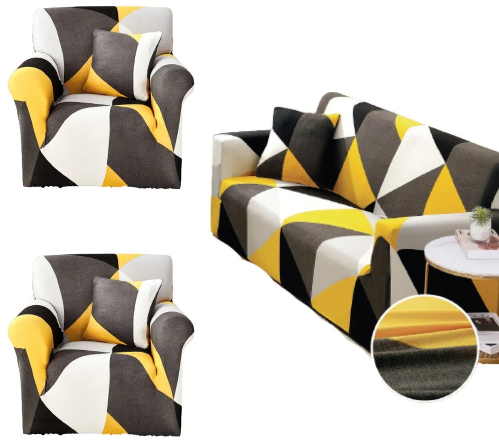 Set huse elastice, canapea 3 locuri + 2 fotolii, cu brate, alb / galben, SHEJ-46