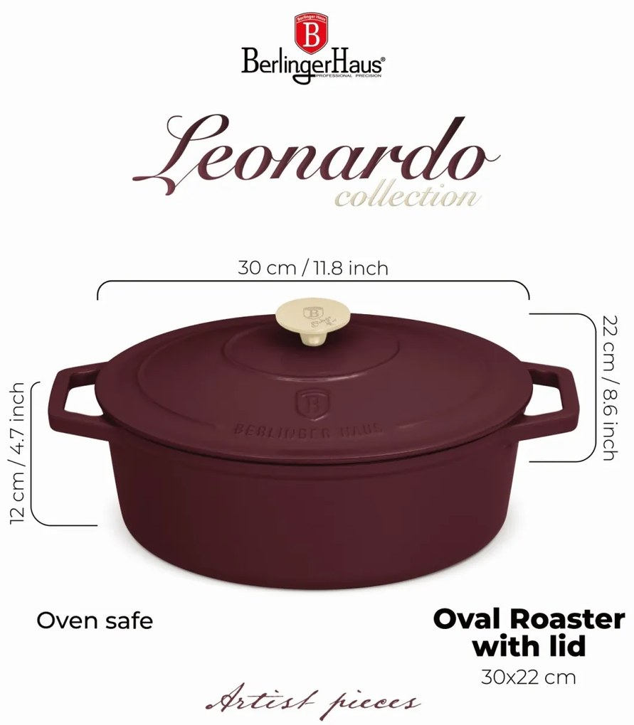 Oală din fontă emailată ovală cu capac 30 cm, 4.65L – Berlinger Haus Leonardo Collection BH 6543, potrivită pentru gătit lent și rumenire