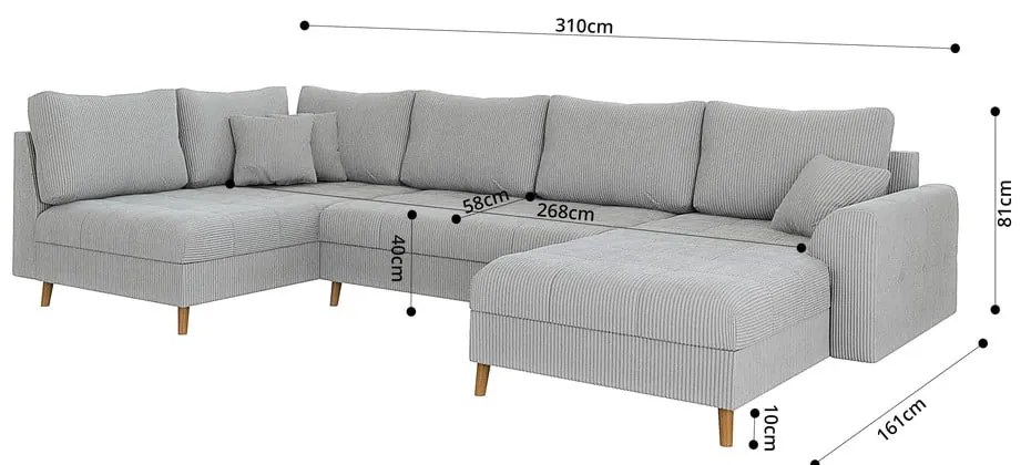 Colțar gri deschis cu tapițerie din catifea reiată (colț dreapta/în formă de "U") Ariella – Ropez