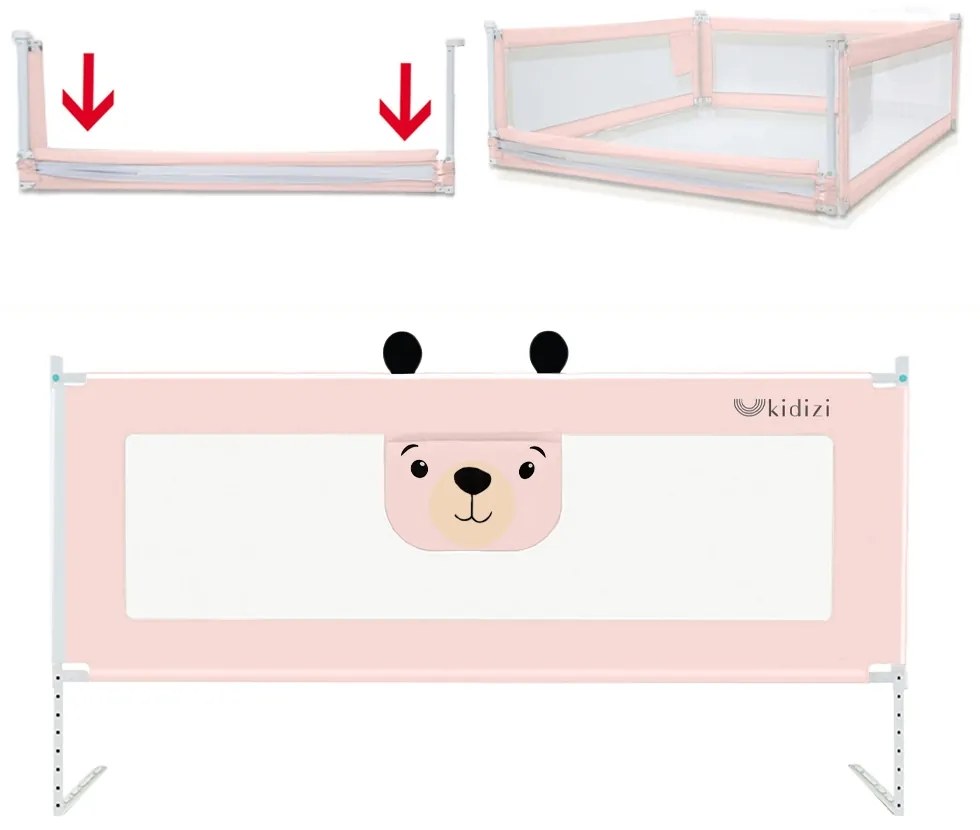 Bariera protectie pat culisanta cu buzunar XXL 140 cm Kidizi Funny Bear Pink, certificata EN71, inaltime reglabila 72-100 cm, model interconectabil