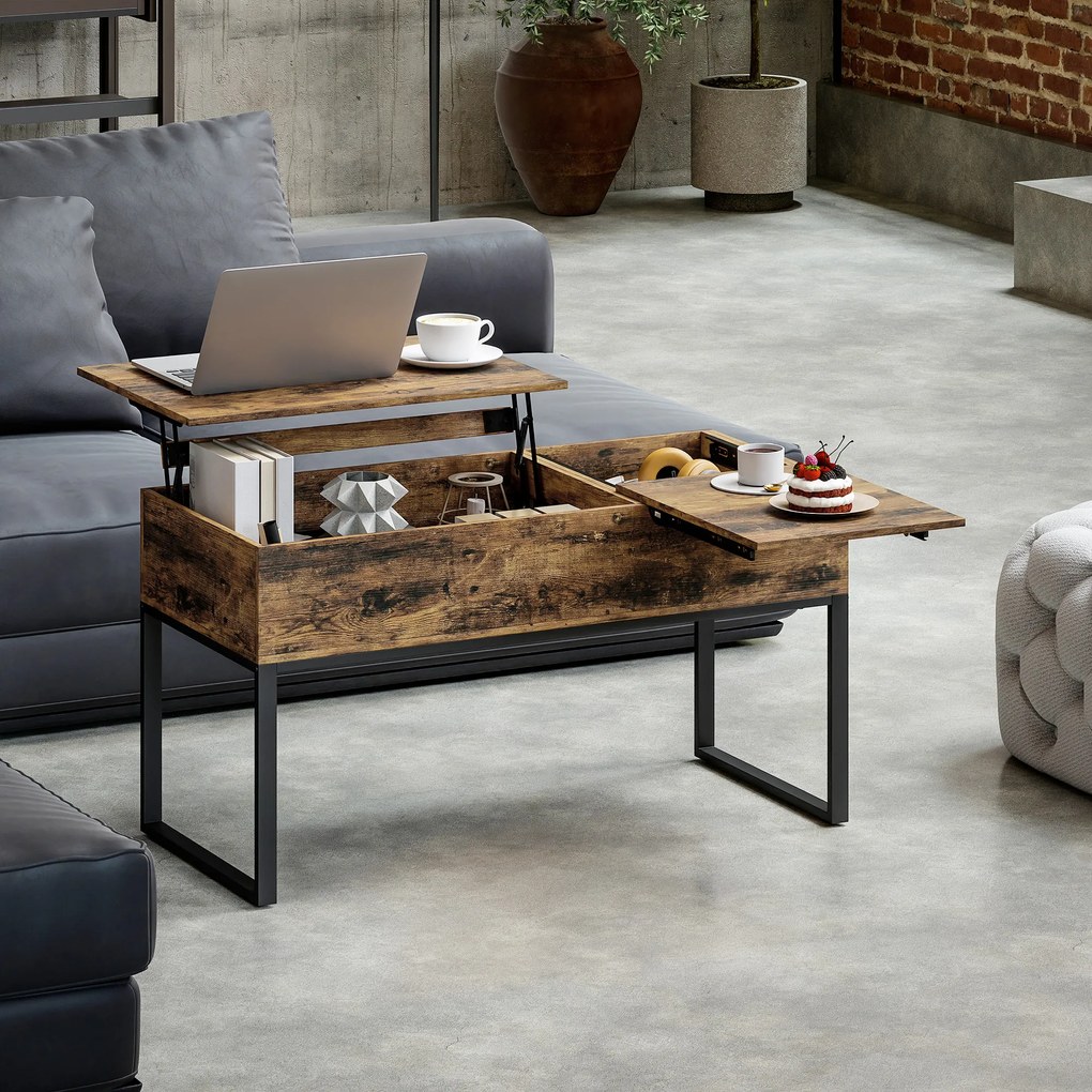 HOMCOM Masă de Cafea Extensibilă cu Encimera Desfășurabilă Închidere Moale Spațiu Ascuns de Depozitare 100x45x67 cm Marrón Rústico | Aosom Romania