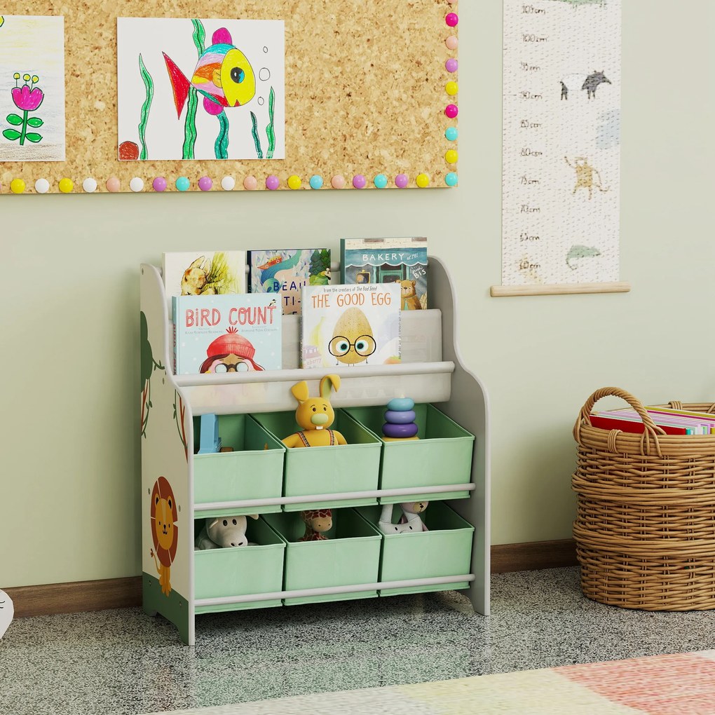 AIYAPLAY Raft Suport pentru Jucării cu 6 Sertare și Bibliotecă cu 2 Niveluri Verde | Aosom Romania