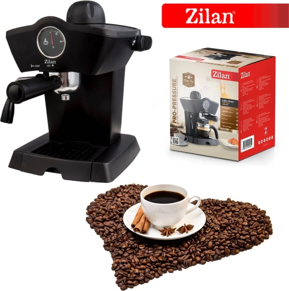 Espressor manual ZILAN ZLN2854 - 800W, 240ml, 3.5 bari, termometru frontal, negru