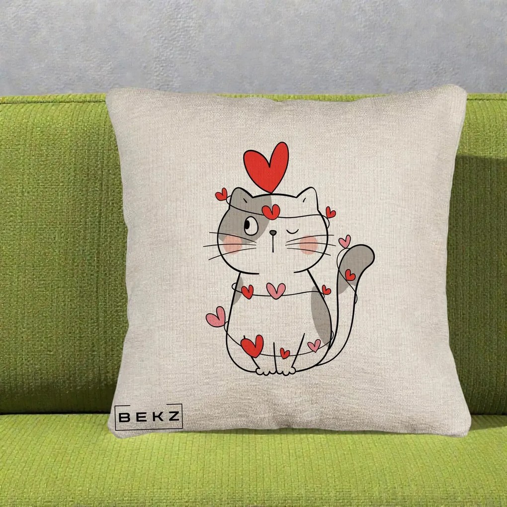 Perna Decorativa Pisica Kawaii cu Inimi, 40x40 cm, Bej Canapea, Husa Detasabila, Perna Inclusa, BEKZ®