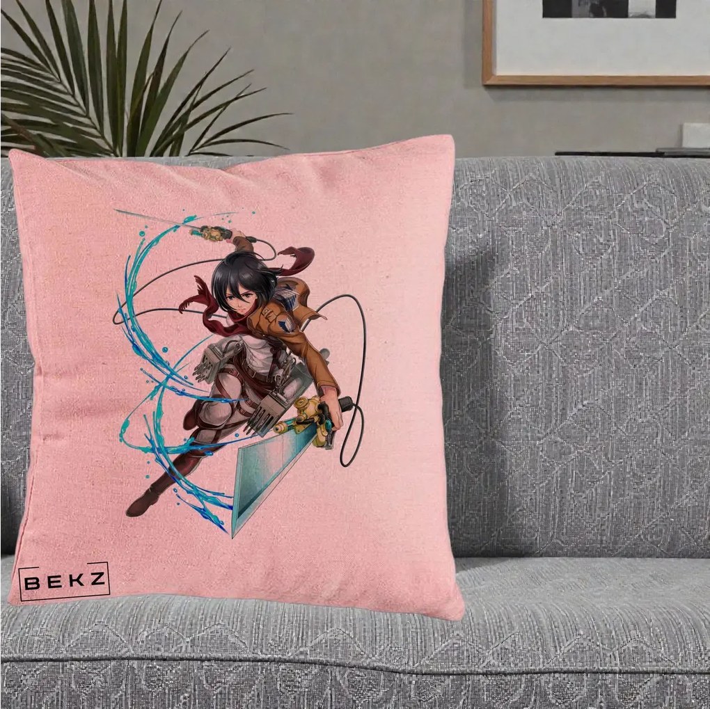 Perna Personalizata Attack on Titan Mikasa Ackerman Lupta, 40x40 cm, Roz, Husa Detasabila, Perna Inclusa, BEKZ®