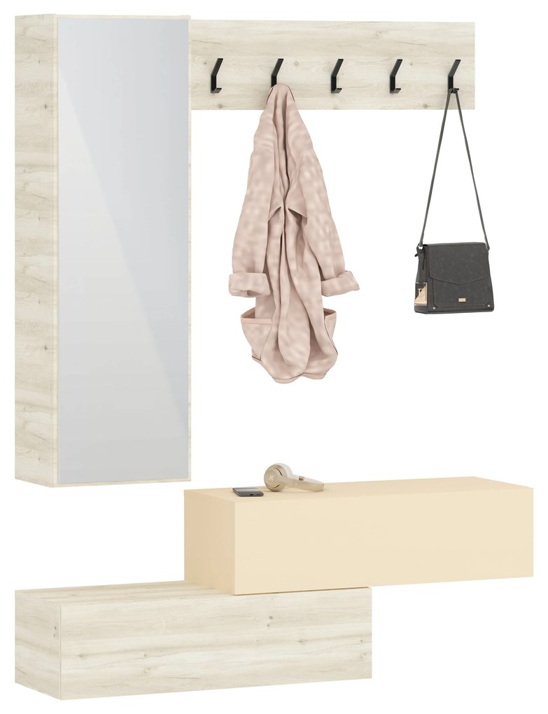 Cuier Diego, Stejar Alb/Crem Satin, 140 x 28 x 180 cm