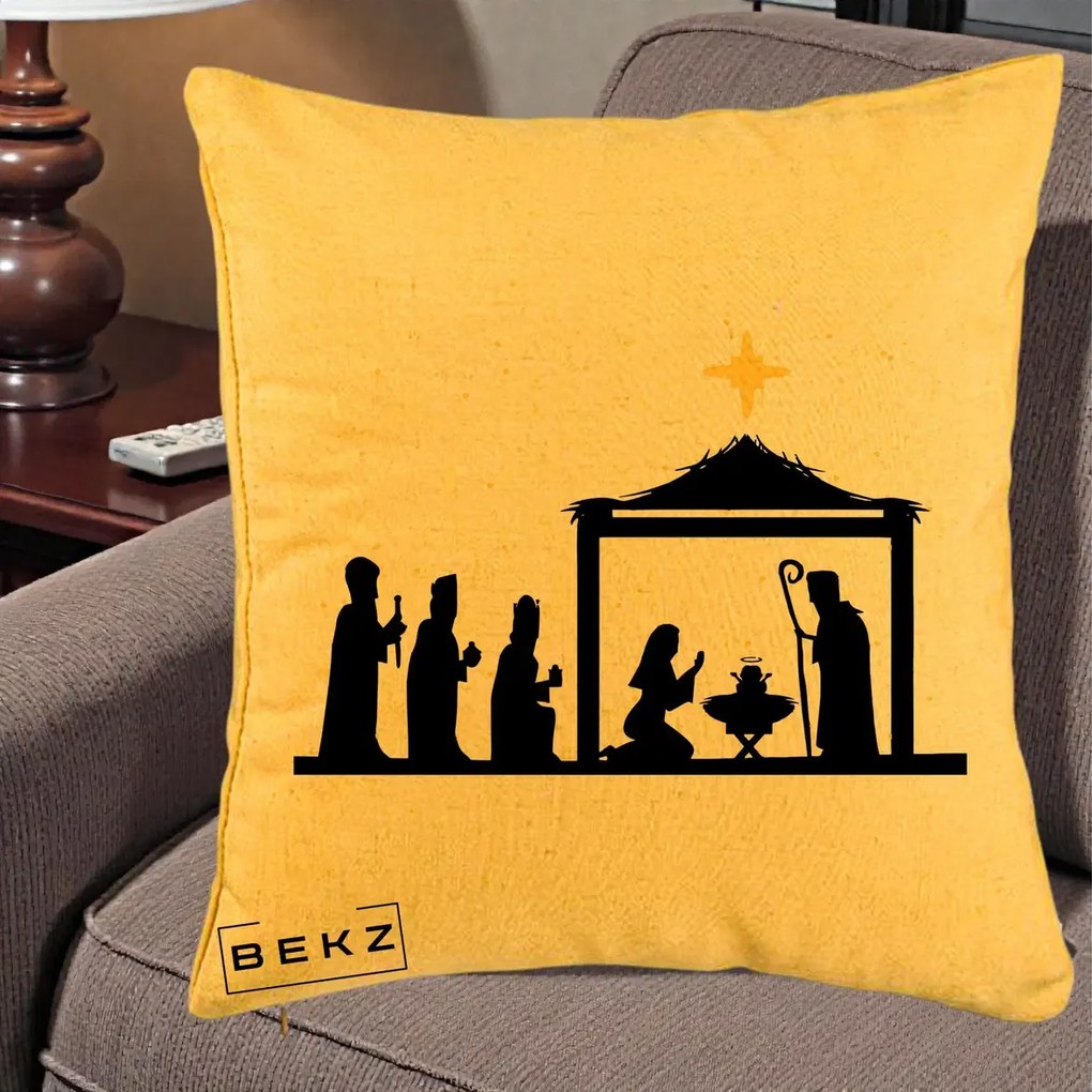 Perna Decorativa Nasterea Pruncului Silueta Neagra si Stea Aurie, 40x40 cm, Galben, Husa Detasabila, Perna Inclusa, BEKZ®