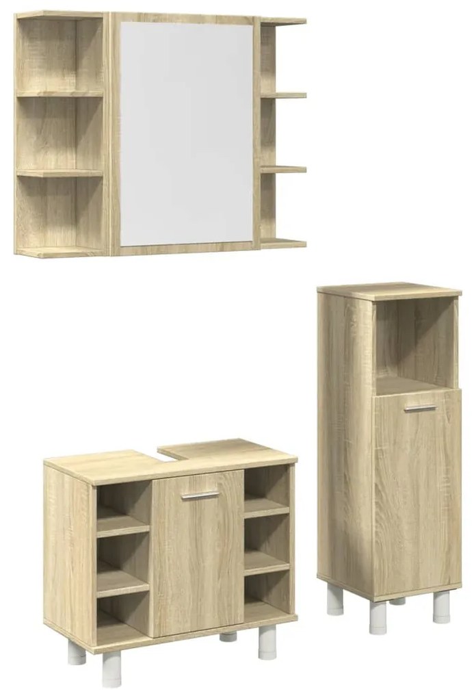 3324975 vidaXL Set mobilier de baie, 3 piese, stejar sonoma, lemn prelucrat