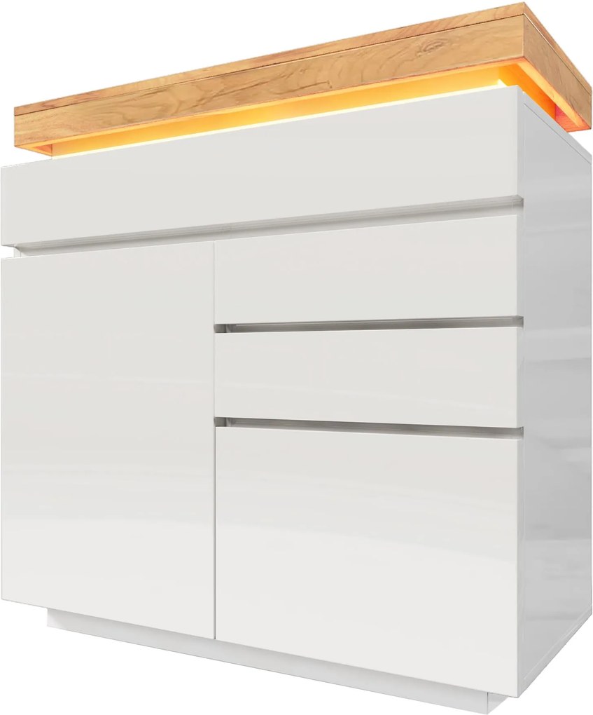 Comodă cu 2 uși &amp; 3 sertare, iluminare LED, dulap multifuncțional pentru living și dormitor, 110x39x115 cm, Alb