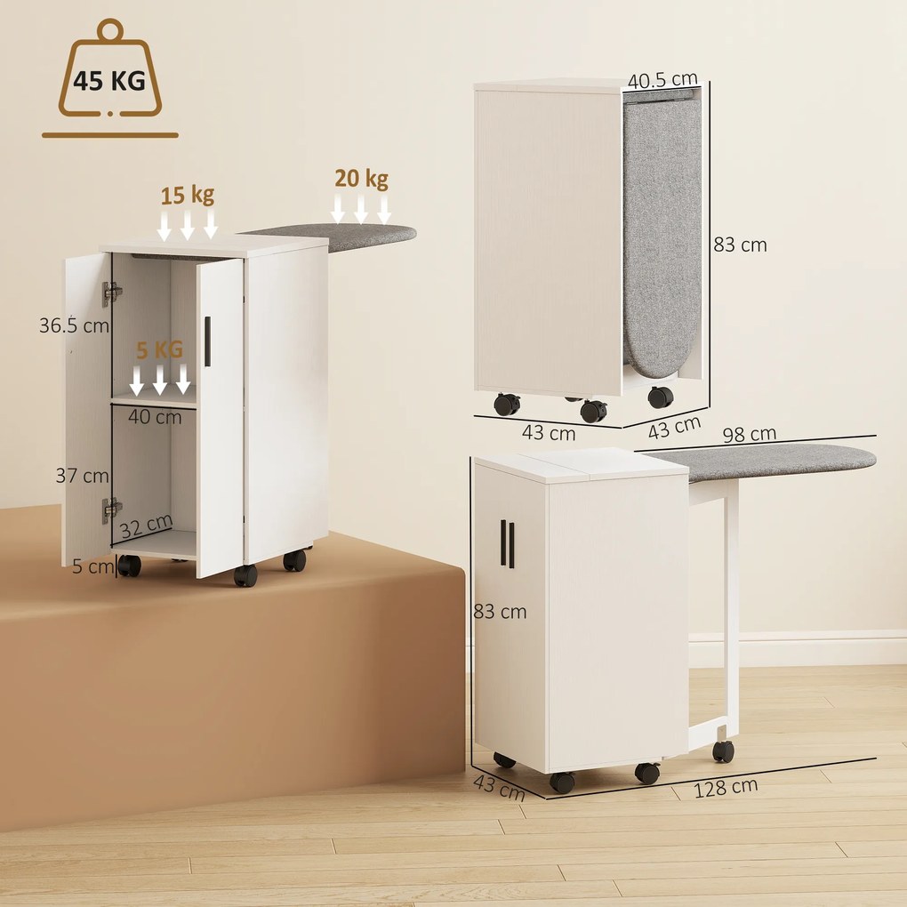 HOMCOM Mobilier de călcat 2 en 1, masă de călcat pliante pe roți cu etajeră reglabilă și balamale, alb | Aosom Romania
