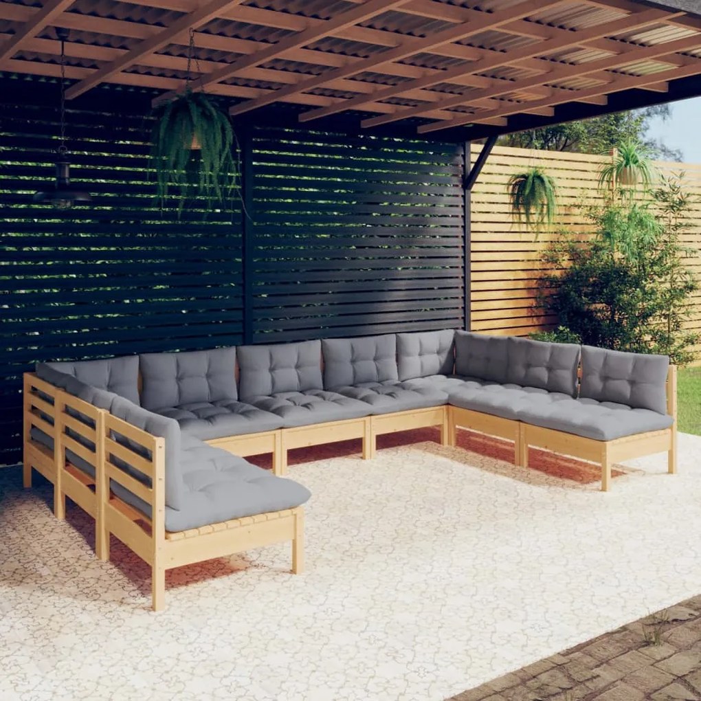3097174 vidaXL Set mobilier de grădină cu perne gri, 9 piese, lemn masiv pin