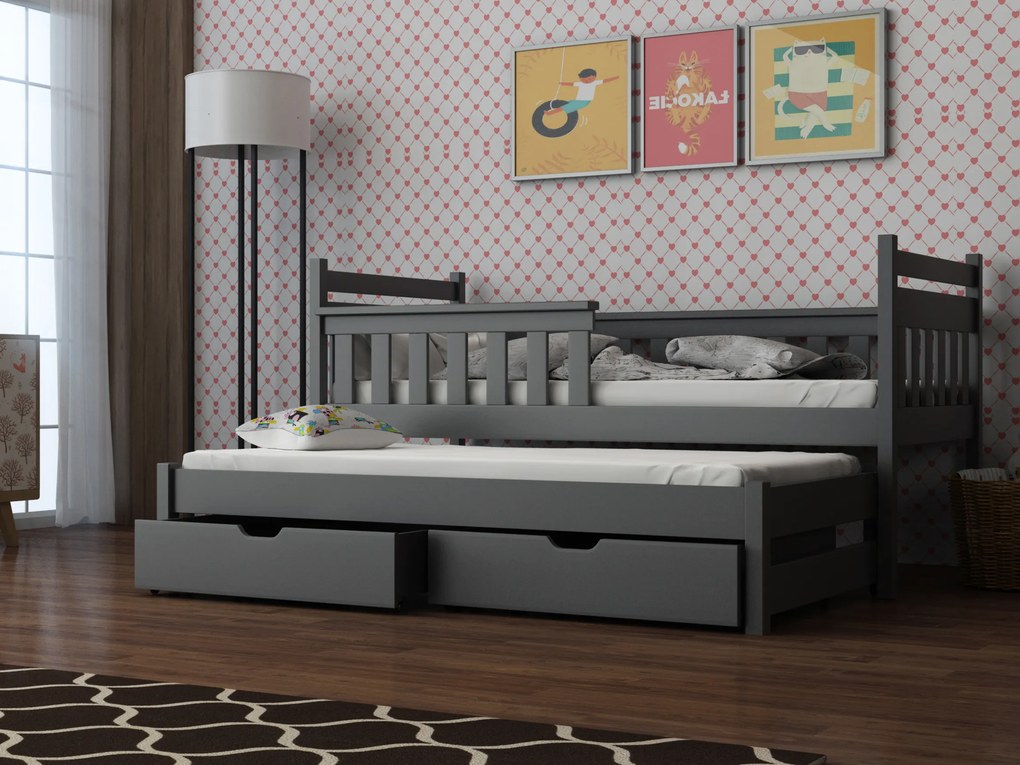 Pat pentru copii 90 x 190 cm DORIA (cu somieră și sp. depozitare) (grafit). Promo -10%. 1013074
