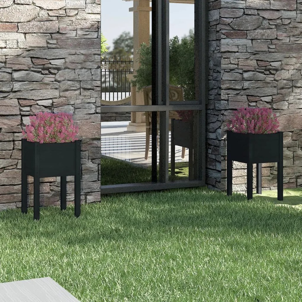 vidaXL Jardiniere grădină, 2 buc, negru, 40x40x70 cm, lemn masiv pin
