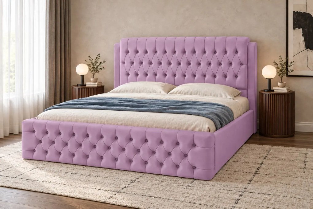 Pat tapițat din catifea Aveline 140×200 cm, lila, cu ladă de depozitare