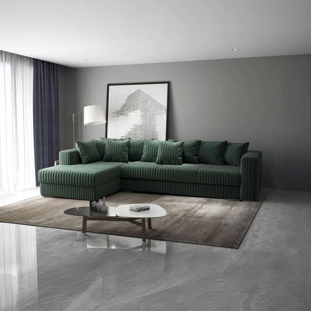 Colțar extensibil dumonde cu ladă de depozitare si sezut confortabil din spuma high-density, Gloria Ambience Green 320x183 cm