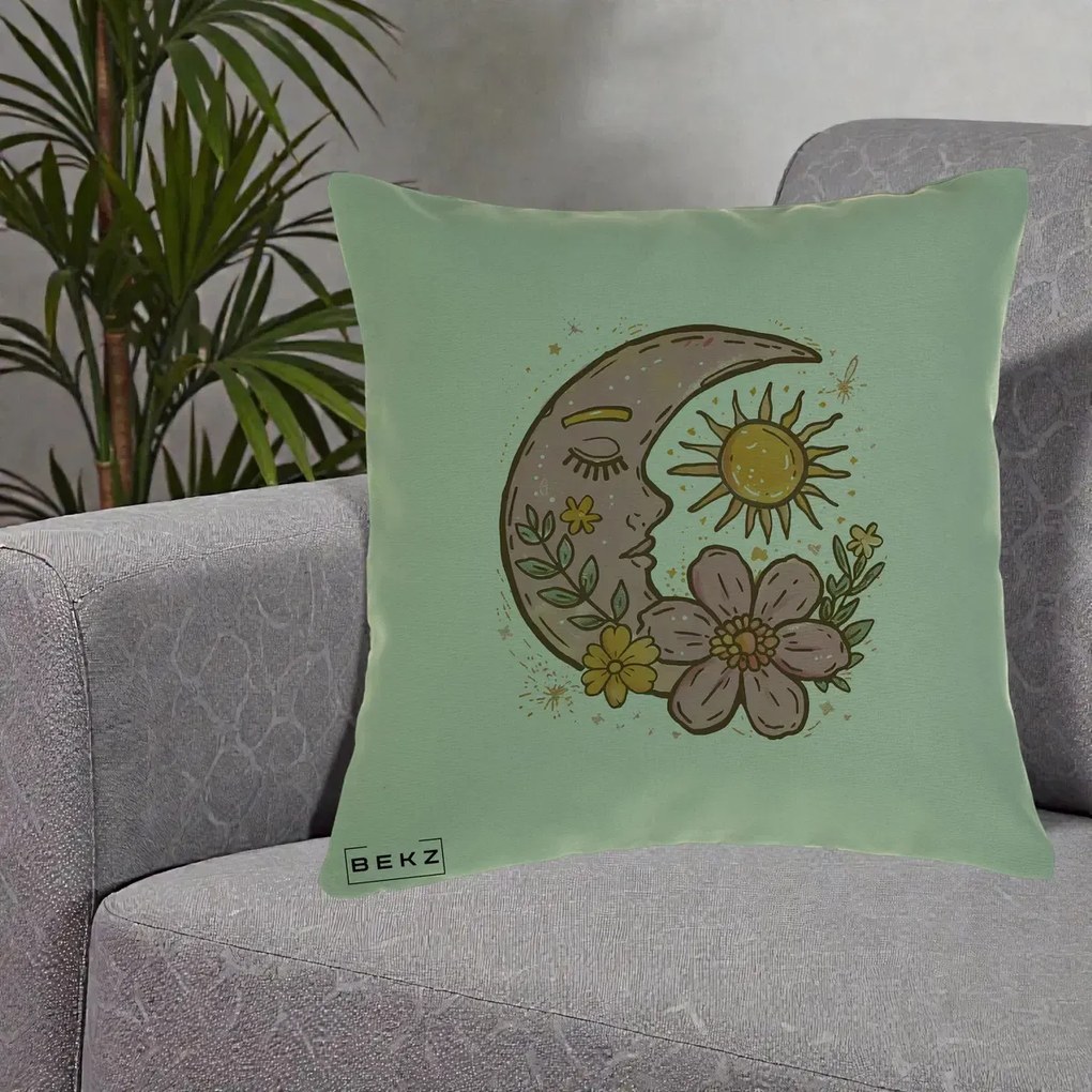Perna Personalizata Luna si Soare Floral Boho, 40x40 cm, Verde, Husa Detasabila, Perna Inclusa, BEKZ®